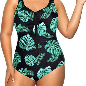 Daci Women One Piece Zipper Swimsuits Plus Size Ruched Tummy Control Bathing 18W